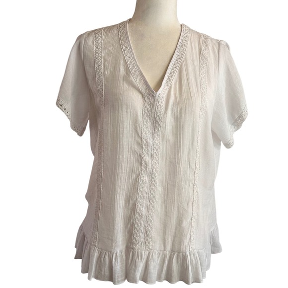 Counterparts Tops - Counterparts White Sheet Lace Trim Ruffle Hem Blouse Top Womens M Fairycore Boho